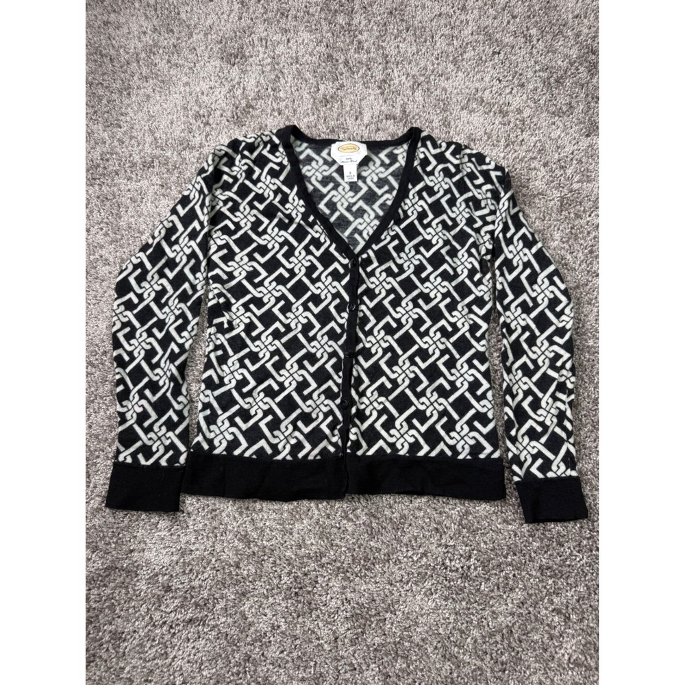 Talbots Cardigan Sweater Womens Small Black White Merino Wool Geometric Print S